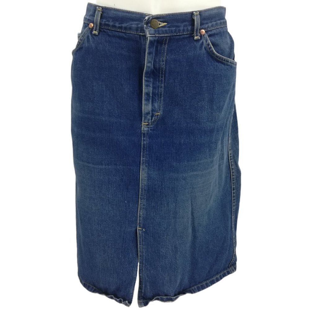 Vintage 90s Lee Denim Knee Length Jean Skirt Size 13 Cotton Slit Western Classic
